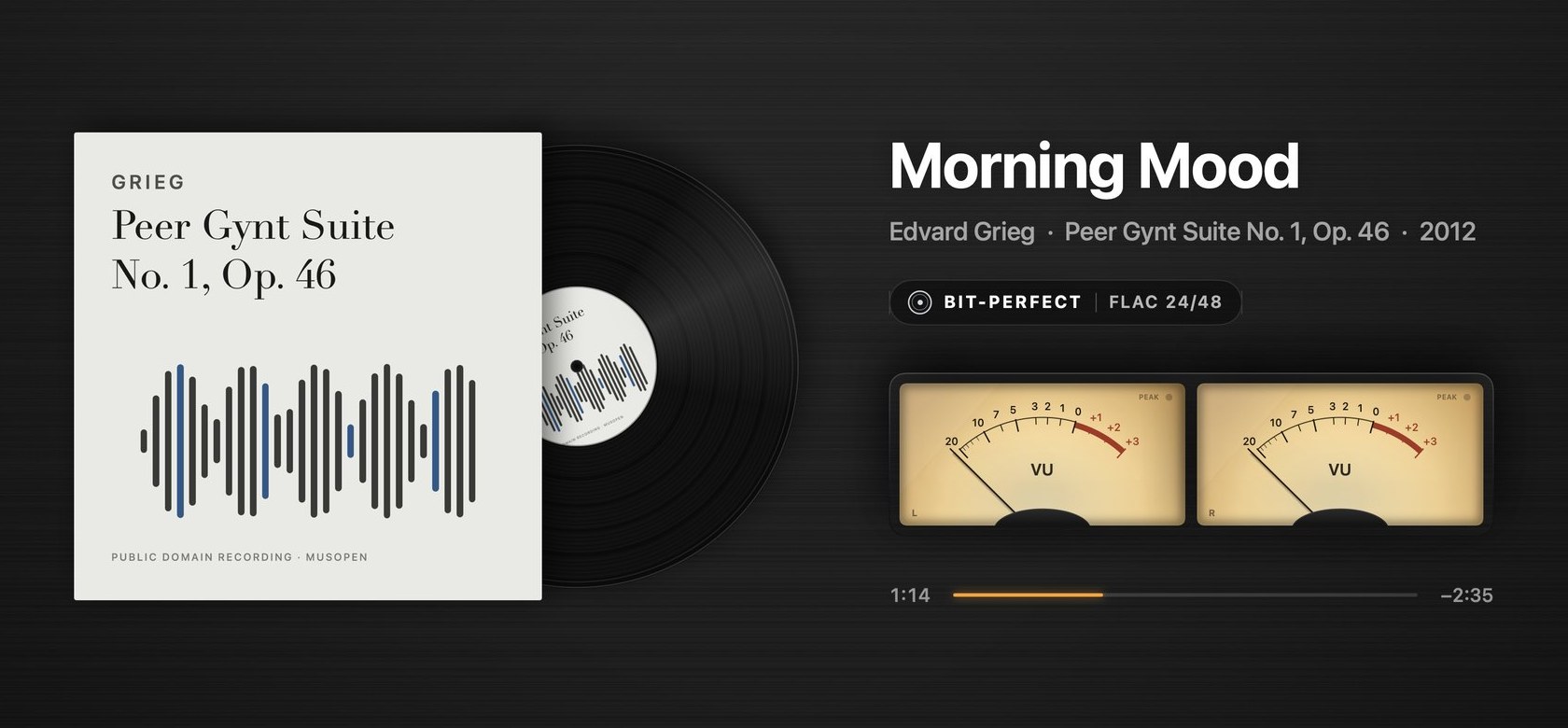 LACQUER playing: the album with its record turning, two VU meters, Bit-perfect FLAC 24/48